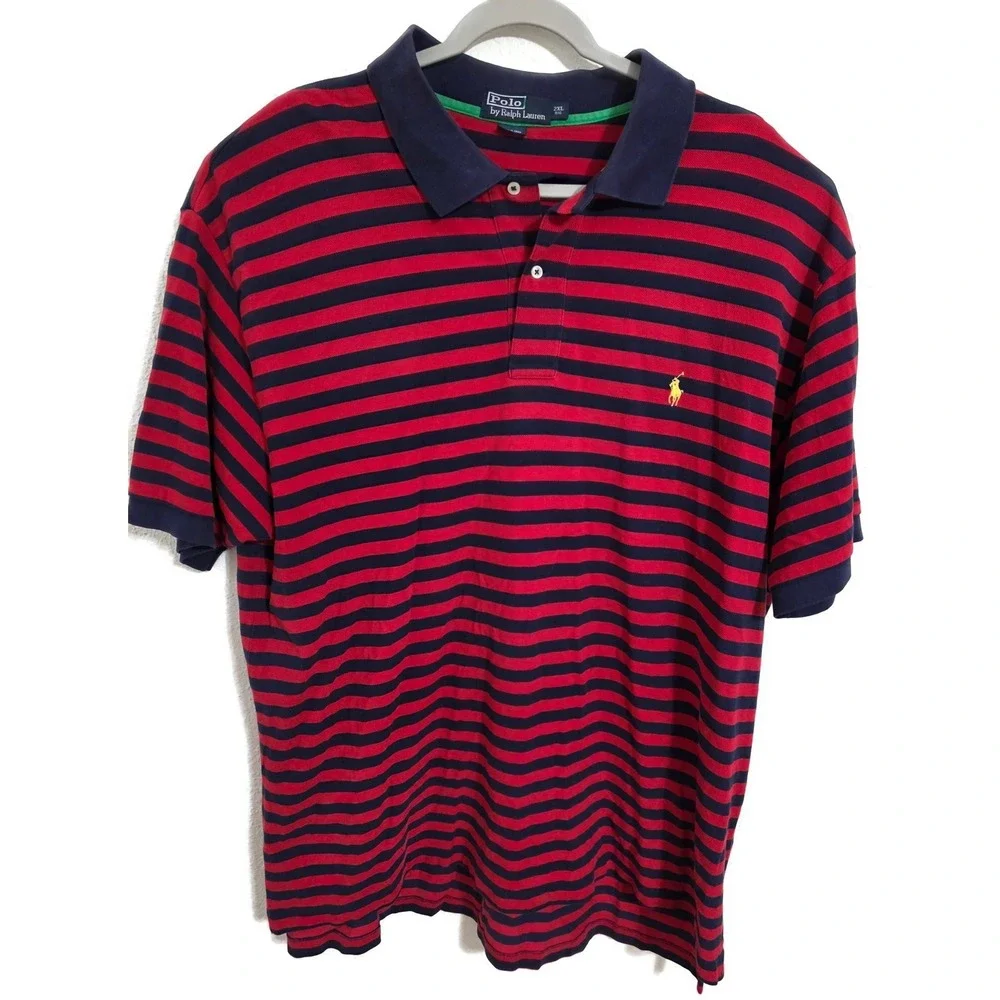Polo By Ralph Lauren Polo Shirt Mens 2XL Big Red Navy Stripe Short Sleeve